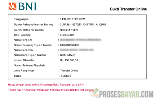 Bukti Transfer Internet Banking BNI